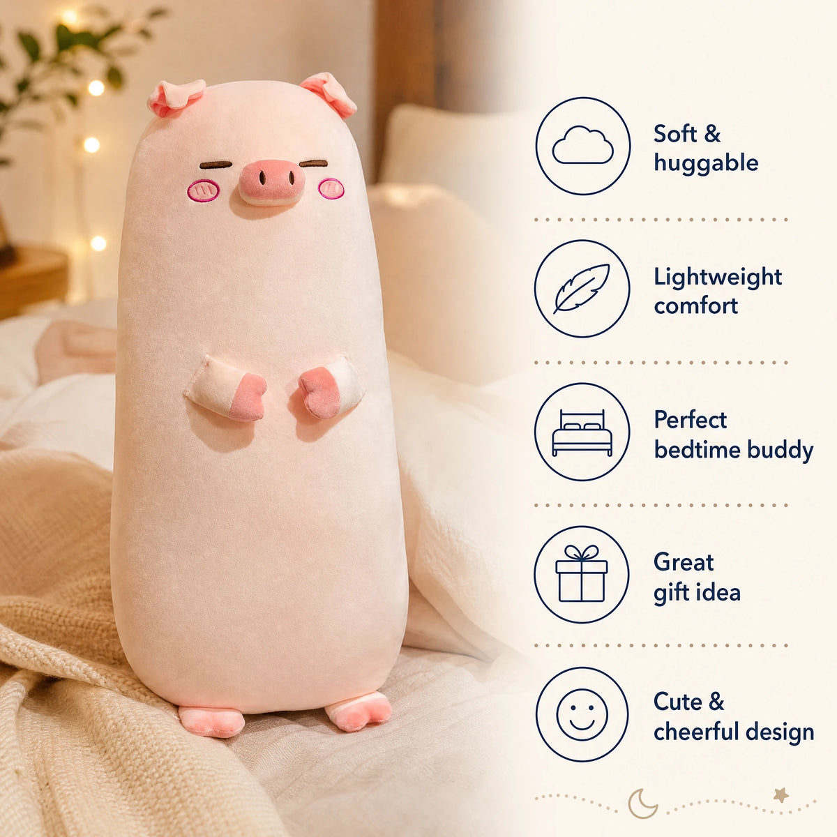 Pig Body Pillow with Long Plush Design and Kawaii Face - Bénéfices produit