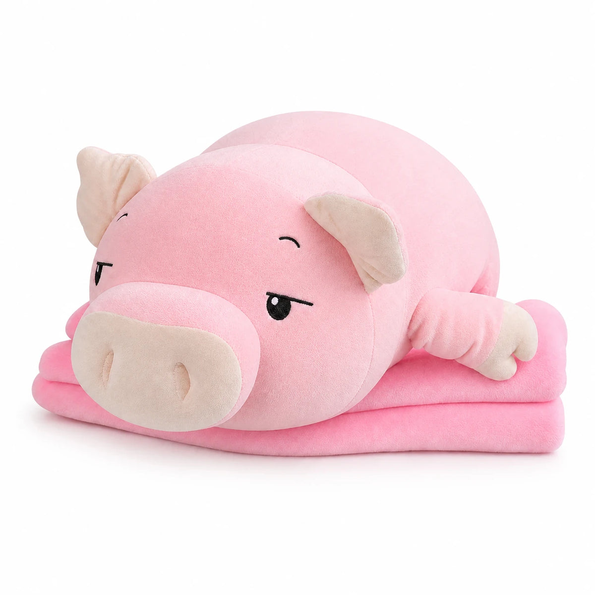 Pig Plush Pillow with Foldable Blanket – Soft Body Support - 40in / 100cm / Pink (Awake) … (4 tailles)