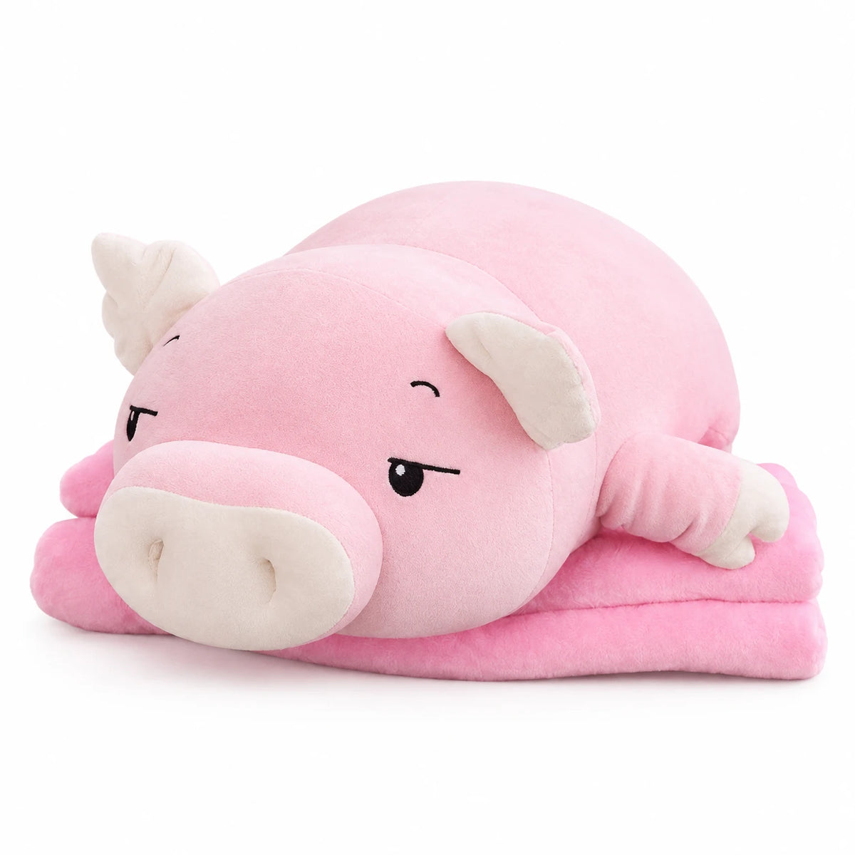 Pig Plush Pillow with Foldable Blanket – Soft Body Support - 40in / 100cm / Pink (Sleeping) … (4 tailles)