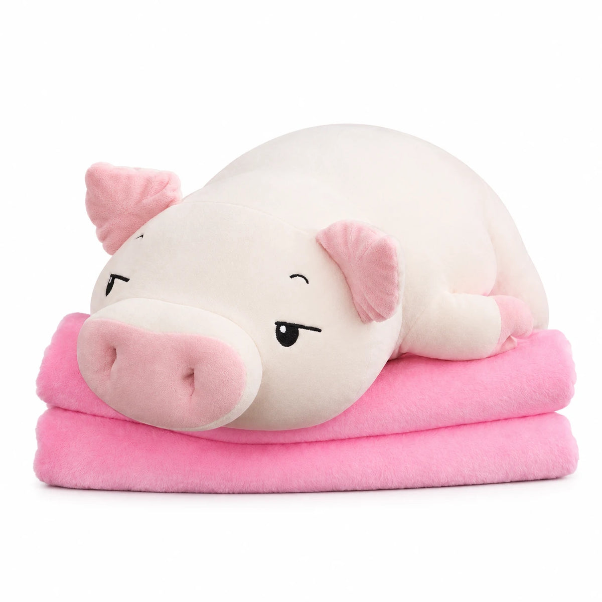 Pig Plush Pillow with Foldable Blanket – Soft Body Support - 40in / 100cm / White (Awake) … (4 tailles)