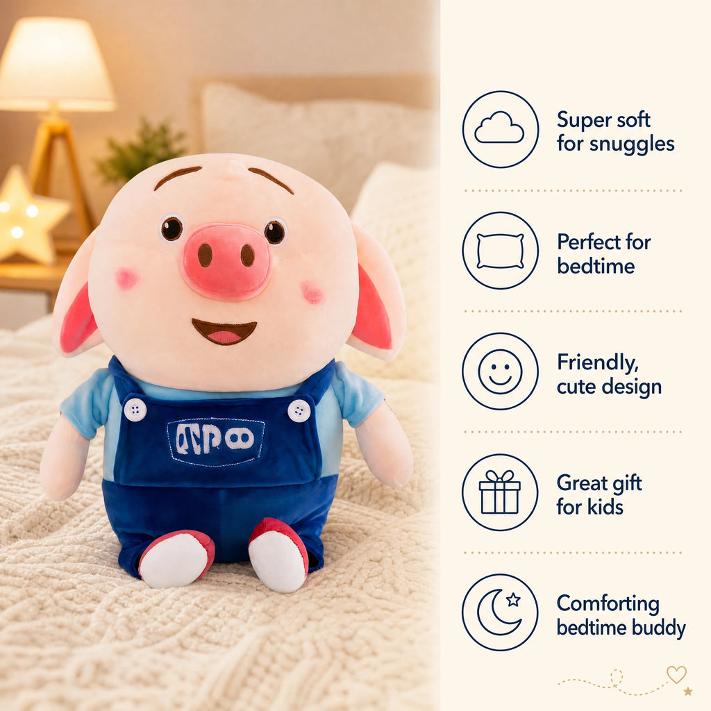 Pig Plush Toy in Blue Overalls with Cheerful Expression - Bénéfices produit