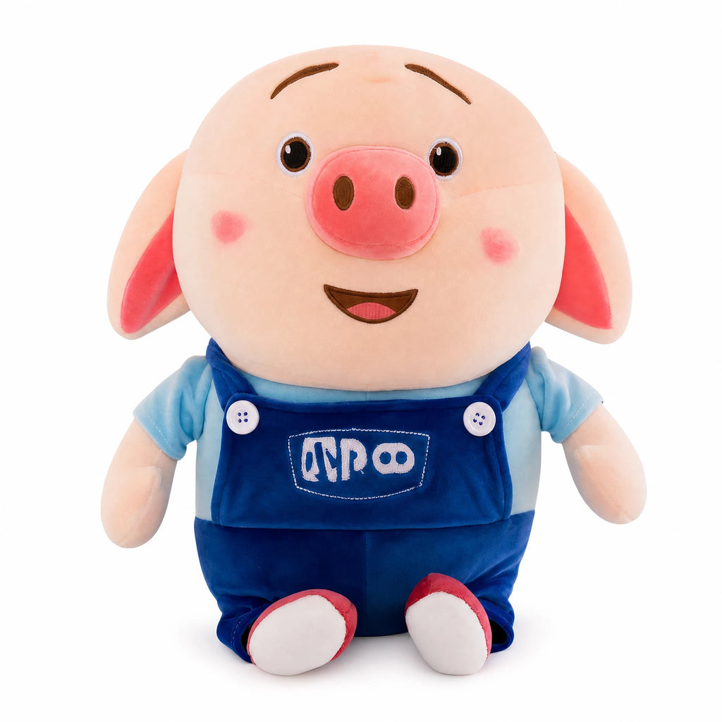 Pig Plush Toy in Blue Overalls with Cheerful Expression - Fond blanc