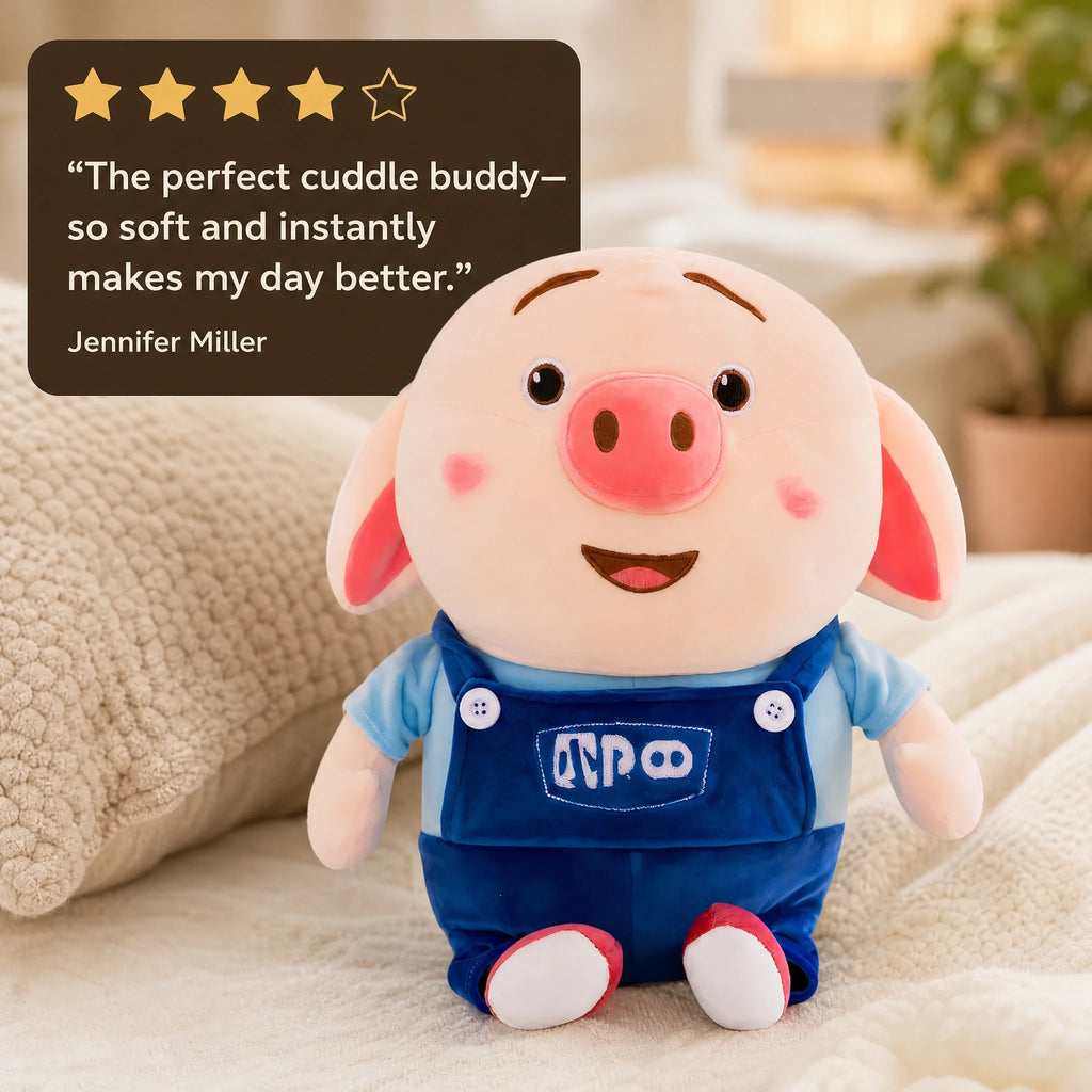 Pig Plush Toy in Blue Overalls with Cheerful Expression - Image témoignage