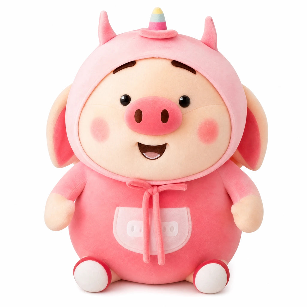 Pig Plush Toy Pink Kawaii with Hood and Ears - Fond blanc