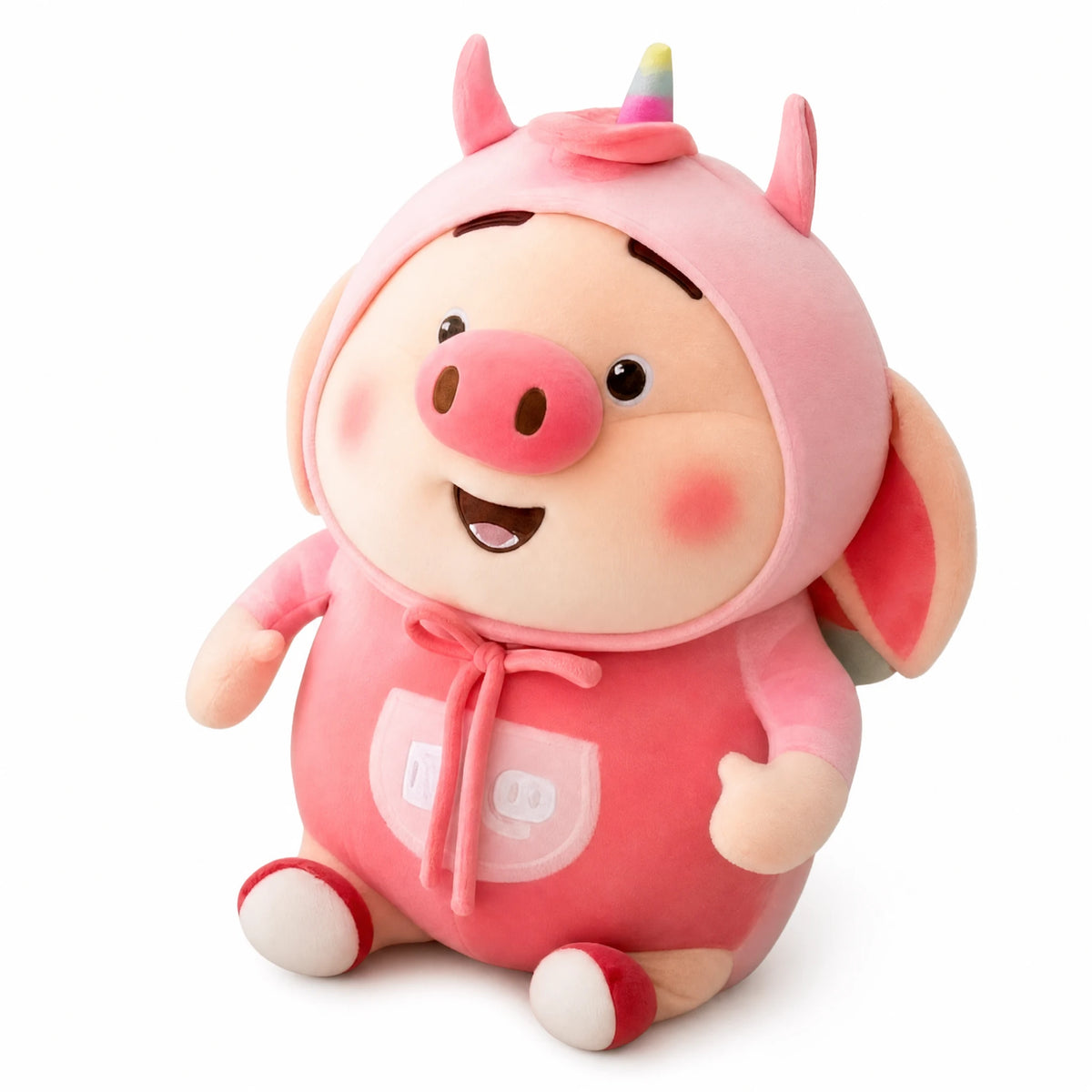 Pig Plush Toy Pink Kawaii with Hood and Ears - Fond blanc, autre angle