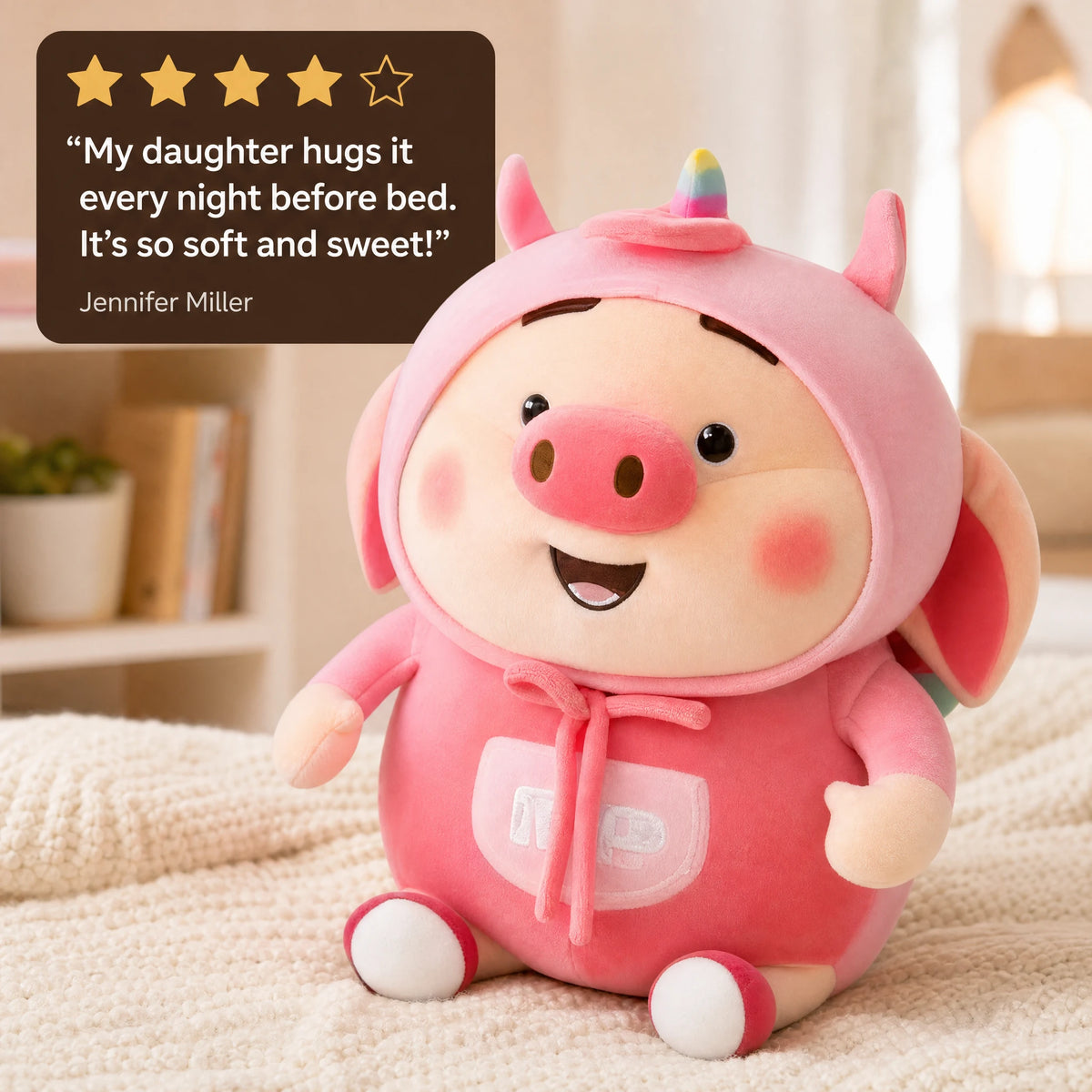 Pig Plush Toy Pink Kawaii with Hood and Ears - Image témoignage