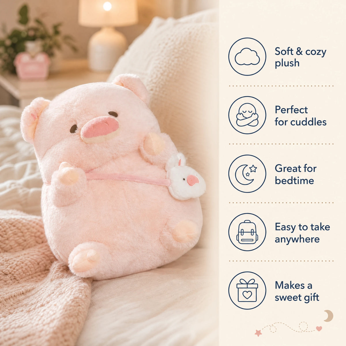 Pig Plush with Removable Side Bag and Baby Companion - Bénéfices produit