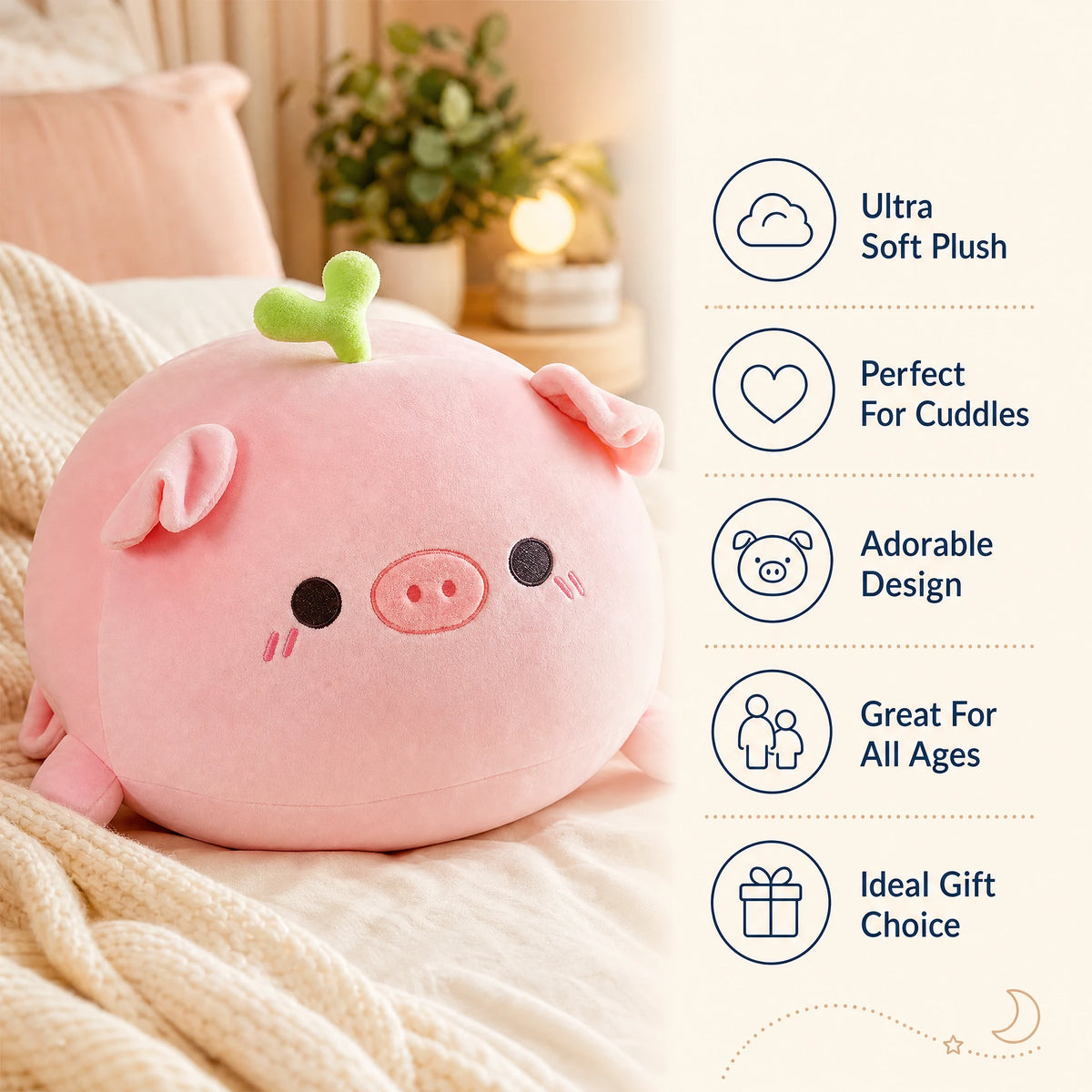 Pig Plush with Sprout or Flower - Round Kawaii Design - Bénéfices produit