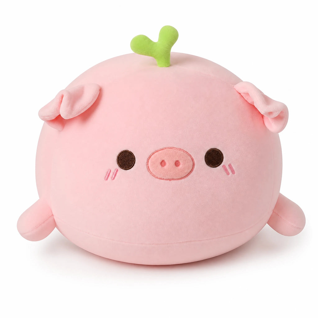 Pig Plush with Sprout or Flower - Round Kawaii Design - Fond blanc