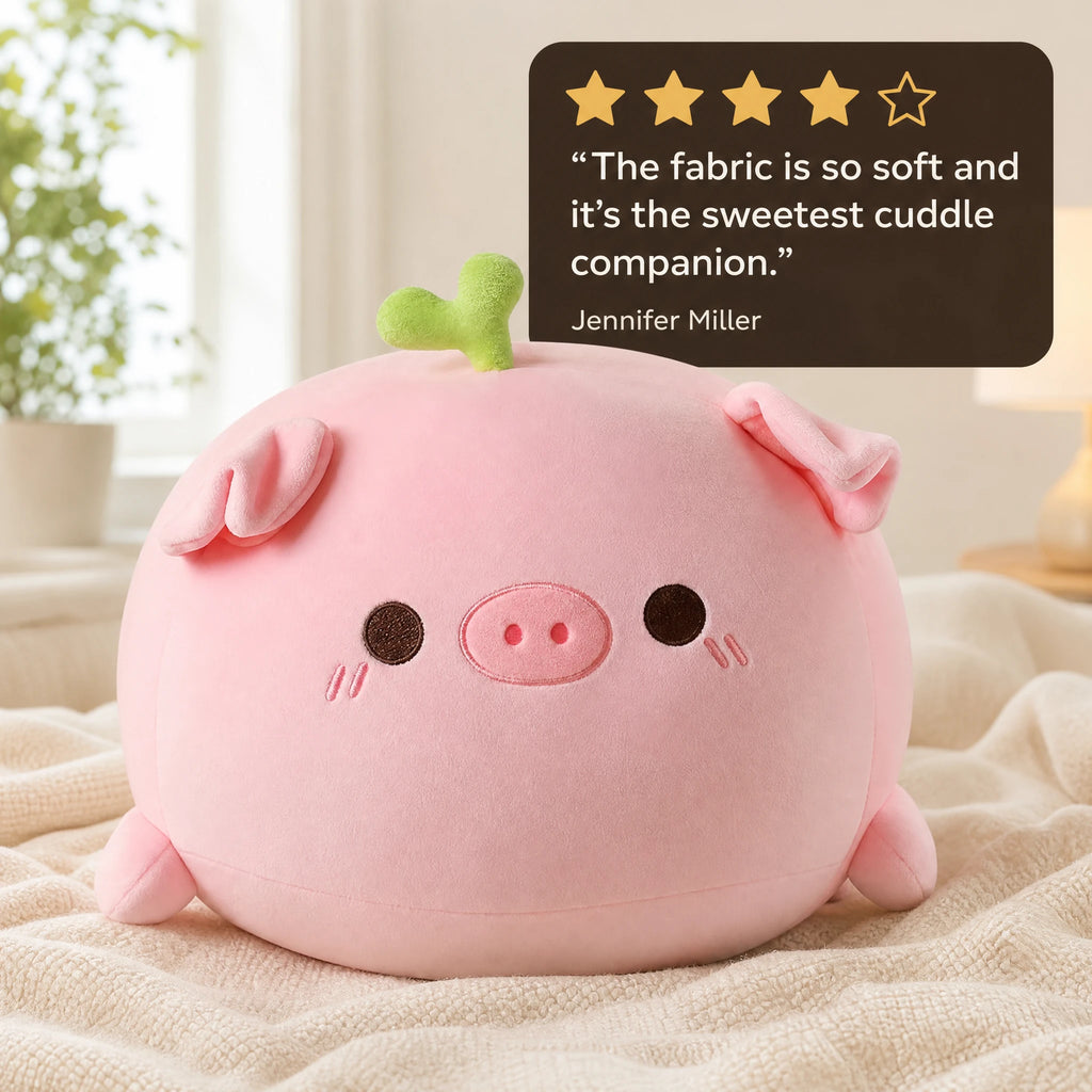 Pig Plush with Sprout or Flower - Round Kawaii Design - Image témoignage