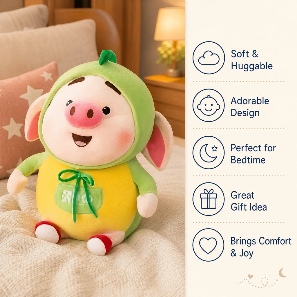 Pig Stuffed Animal in Green Hood and Yellow Outfit - Bénéfices produit