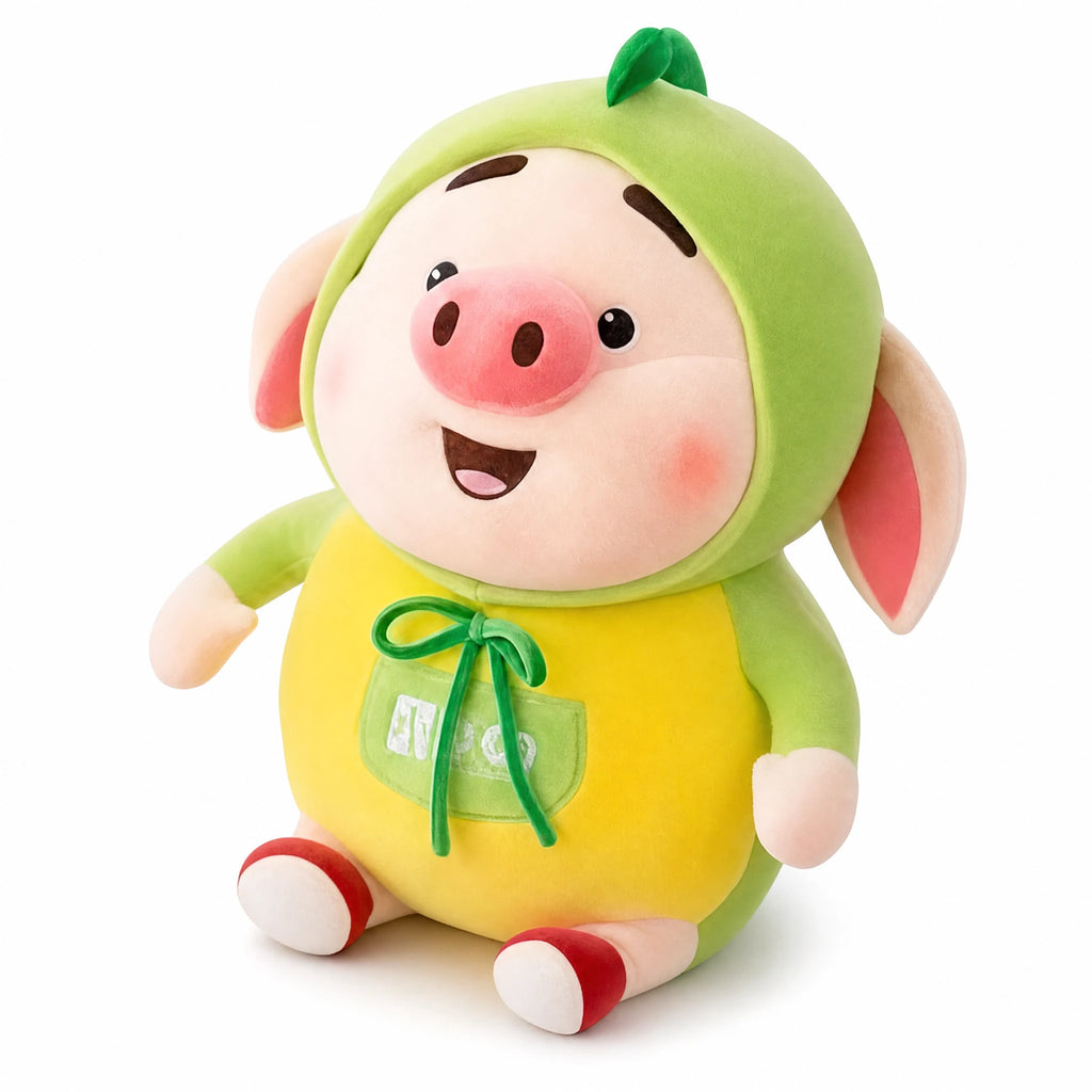 Pig Stuffed Animal in Green Hood and Yellow Outfit - Fond blanc, autre angle