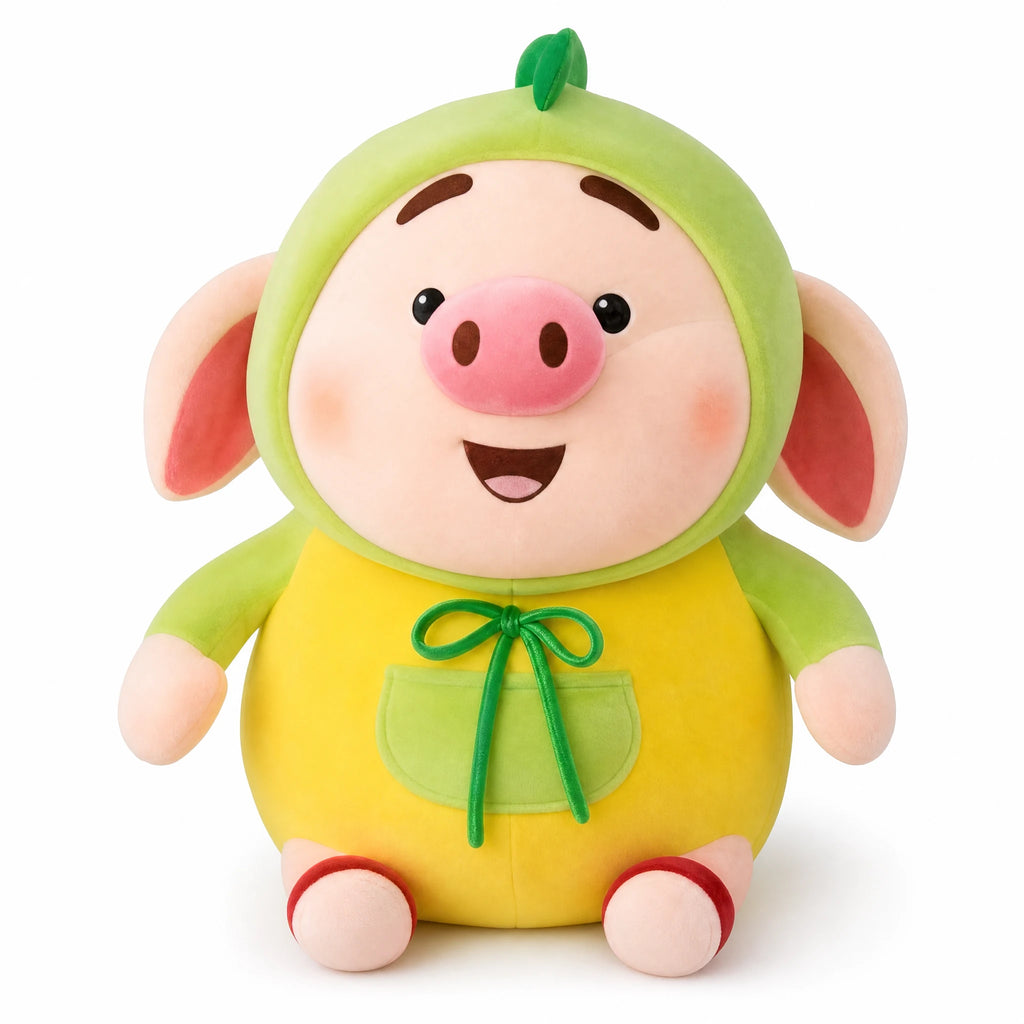 Pig Stuffed Animal in Green Hood and Yellow Outfit - Fond blanc