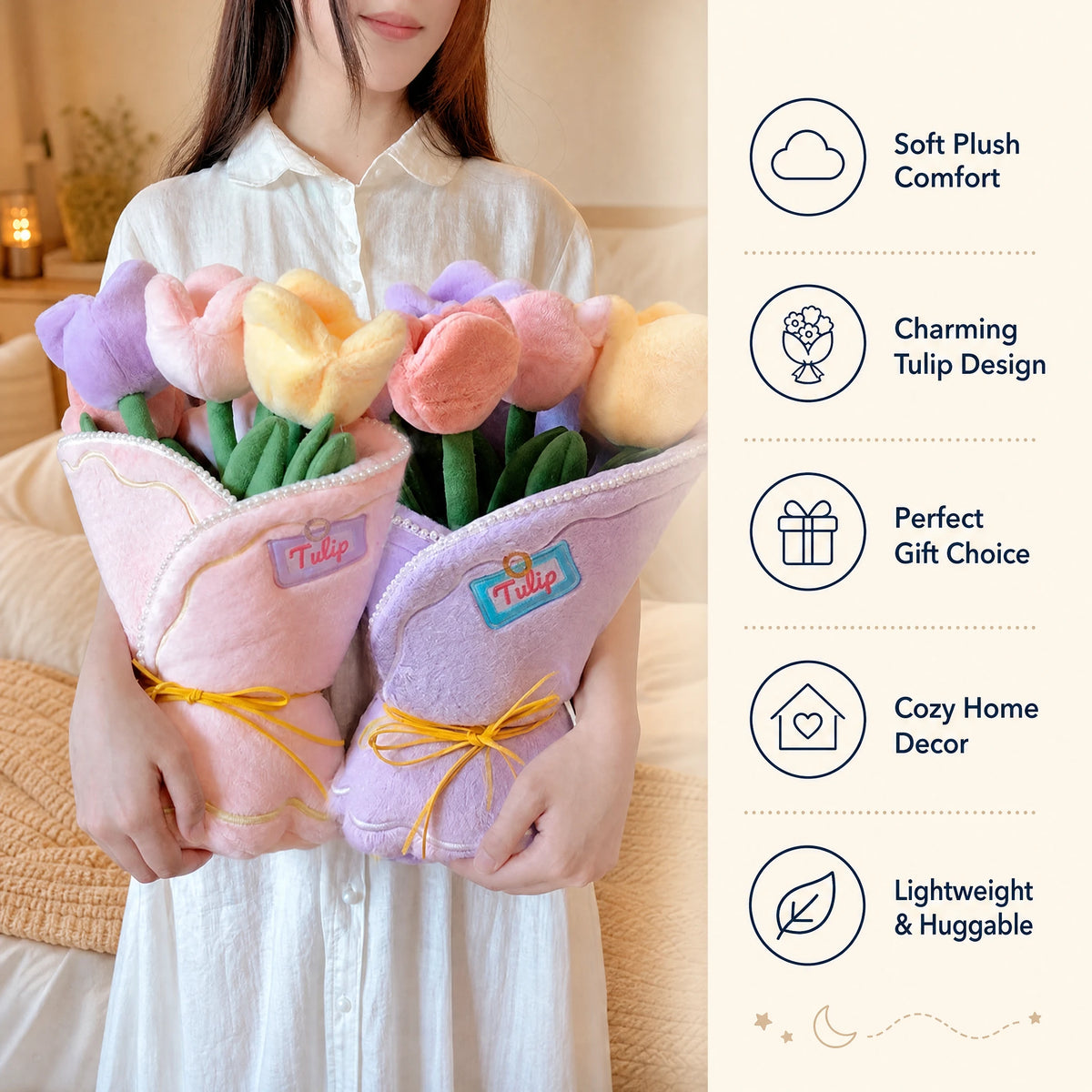 Plush Flower Bouquet with Pastel Tulips in Pink or Lilac - Bénéfices produit
