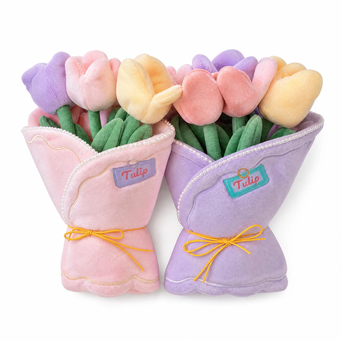 Plush Flower Bouquet with Pastel Tulips in Pink or Lilac - Fond blanc