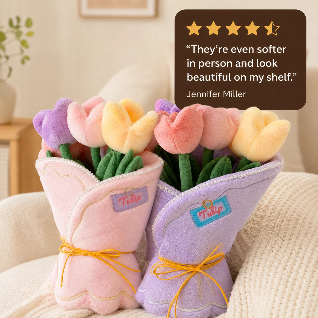 Plush Flower Bouquet with Pastel Tulips in Pink or Lilac - Image témoignage
