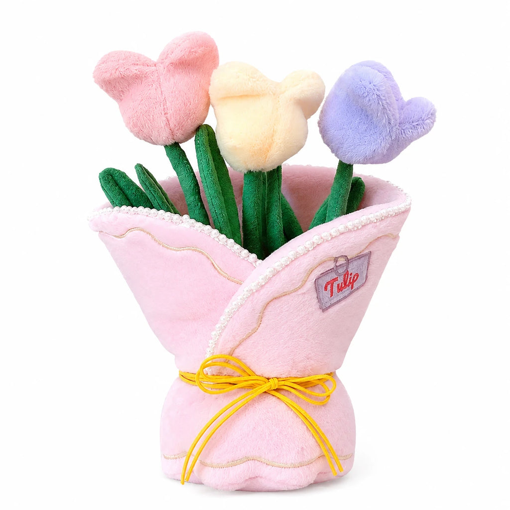 Plush Flower Bouquet with Pastel Tulips in Pink or Lilac - Pink / 12in / 30cm · Pink / 14in / 35cm