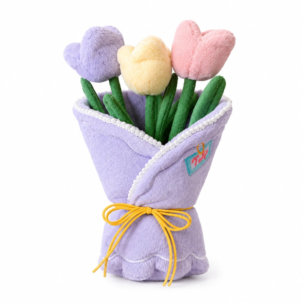 Plush Flower Bouquet with Pastel Tulips in Pink or Lilac - Purple / 12in / 30cm · Purple / 14in / 35cm