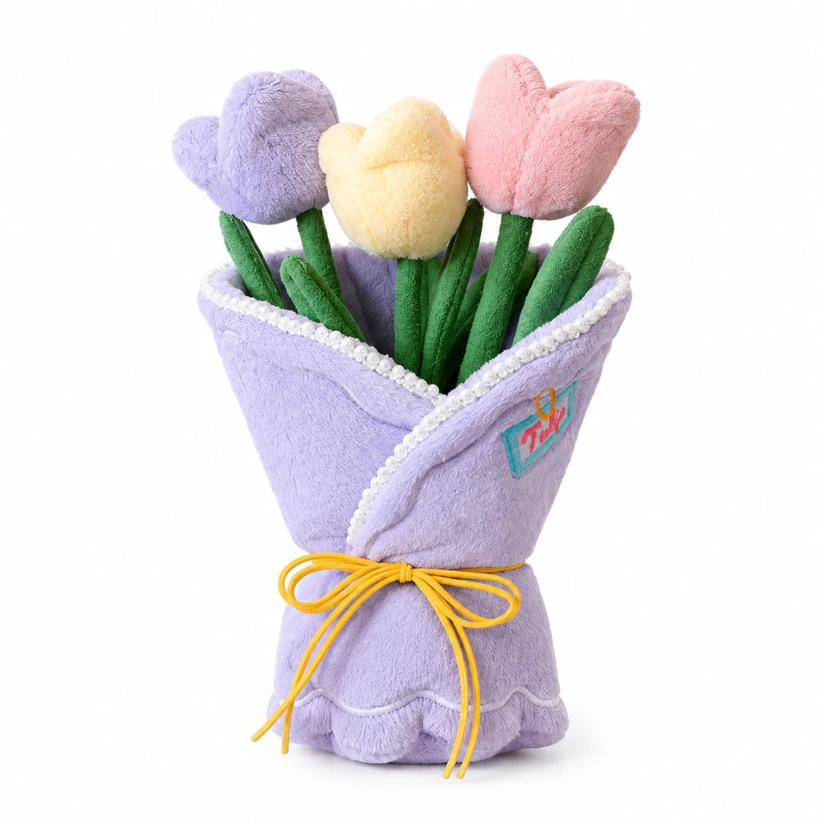 Plush Flower Bouquet with Pastel Tulips in Pink or Lilac - Purple / 12in / 30cm · Purple / 14in / 35cm