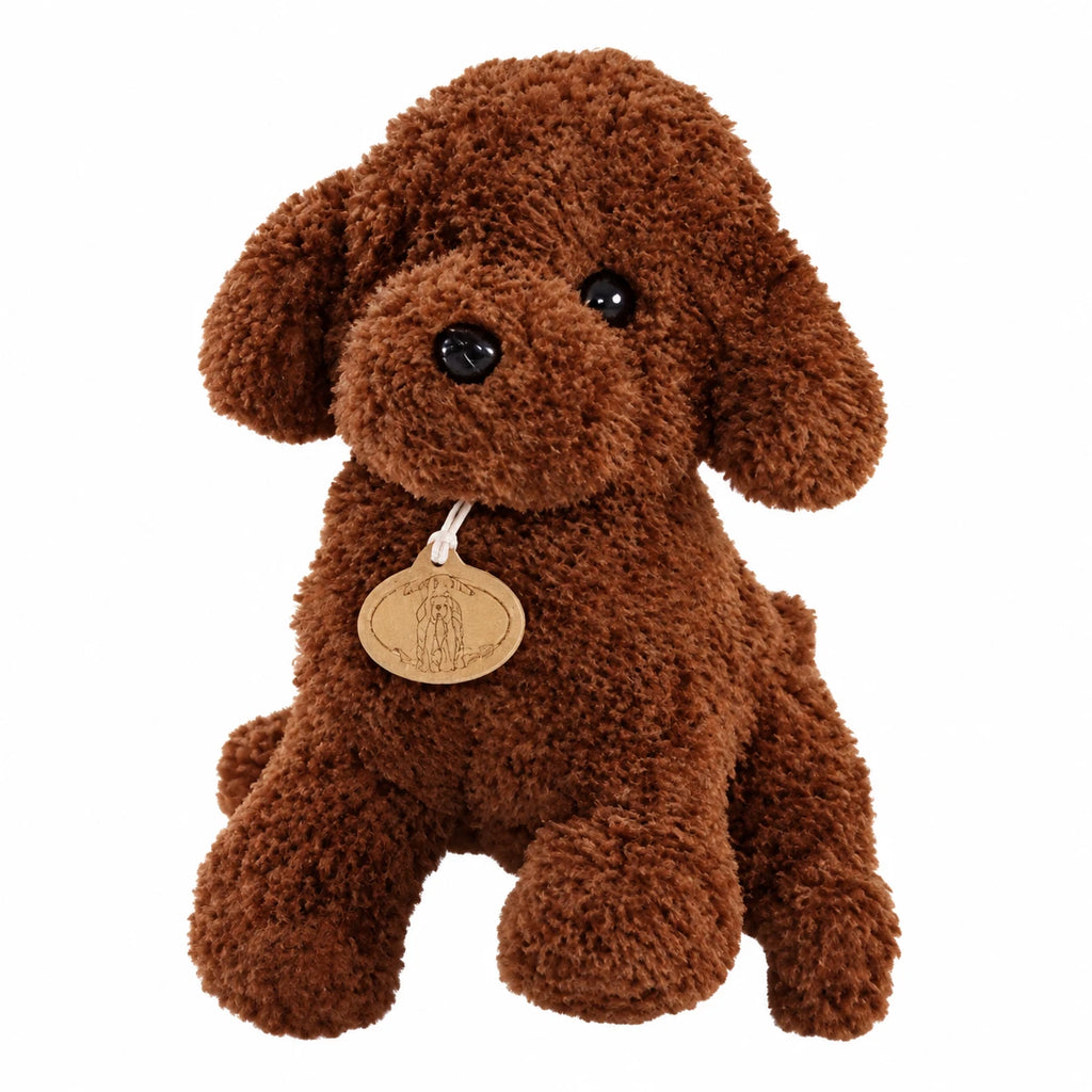 Poodle Plush Toy with Curly Brown Fur and Pendant - 10in / 25cm · 7in / 18cm