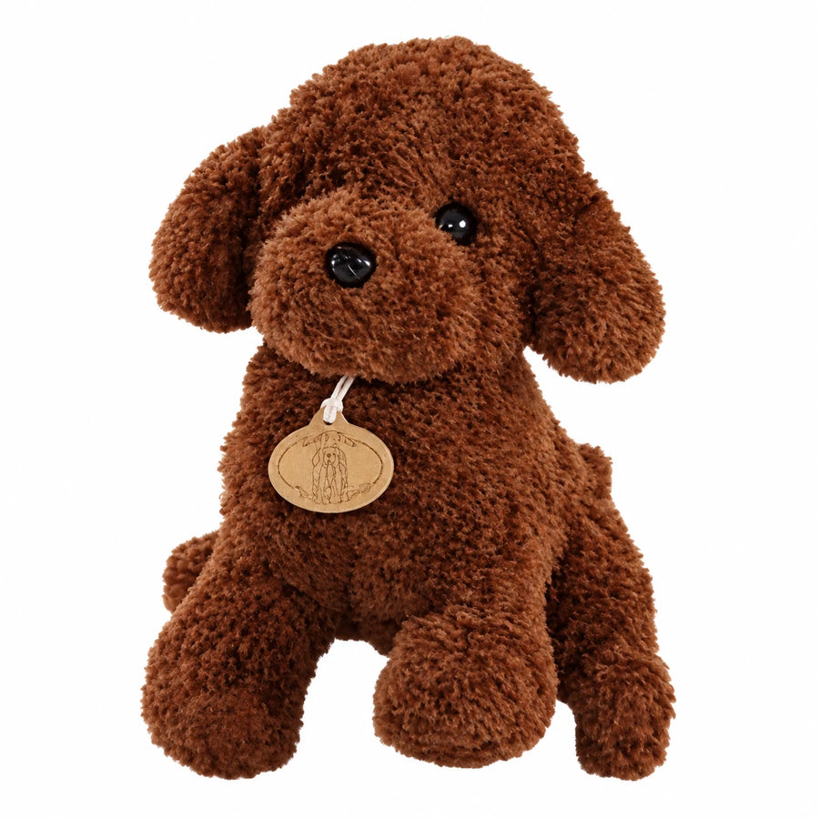 Poodle Plush Toy with Curly Brown Fur and Pendant - 10in / 25cm · 7in / 18cm