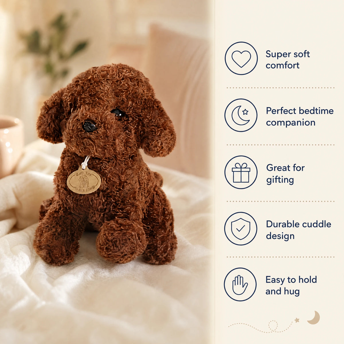 Poodle Plush Toy with Curly Brown Fur and Pendant - Bénéfices produit
