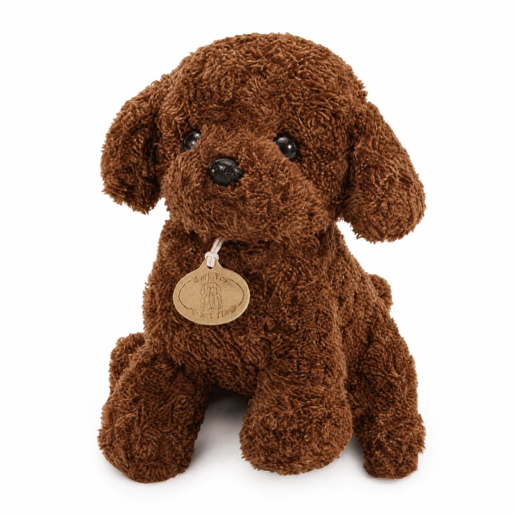 Poodle Plush Toy with Curly Brown Fur and Pendant - Fond blanc