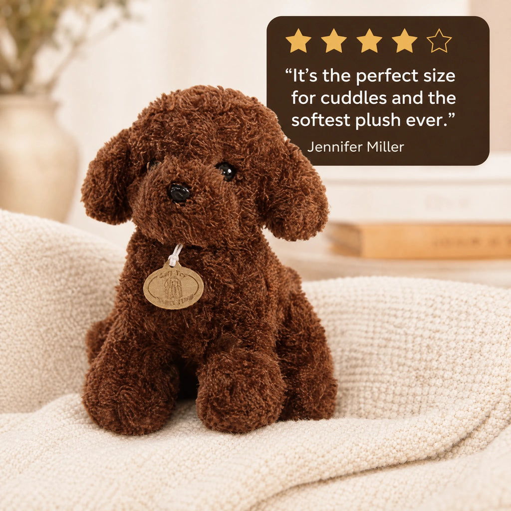 Poodle Plush Toy with Curly Brown Fur and Pendant - Image témoignage
