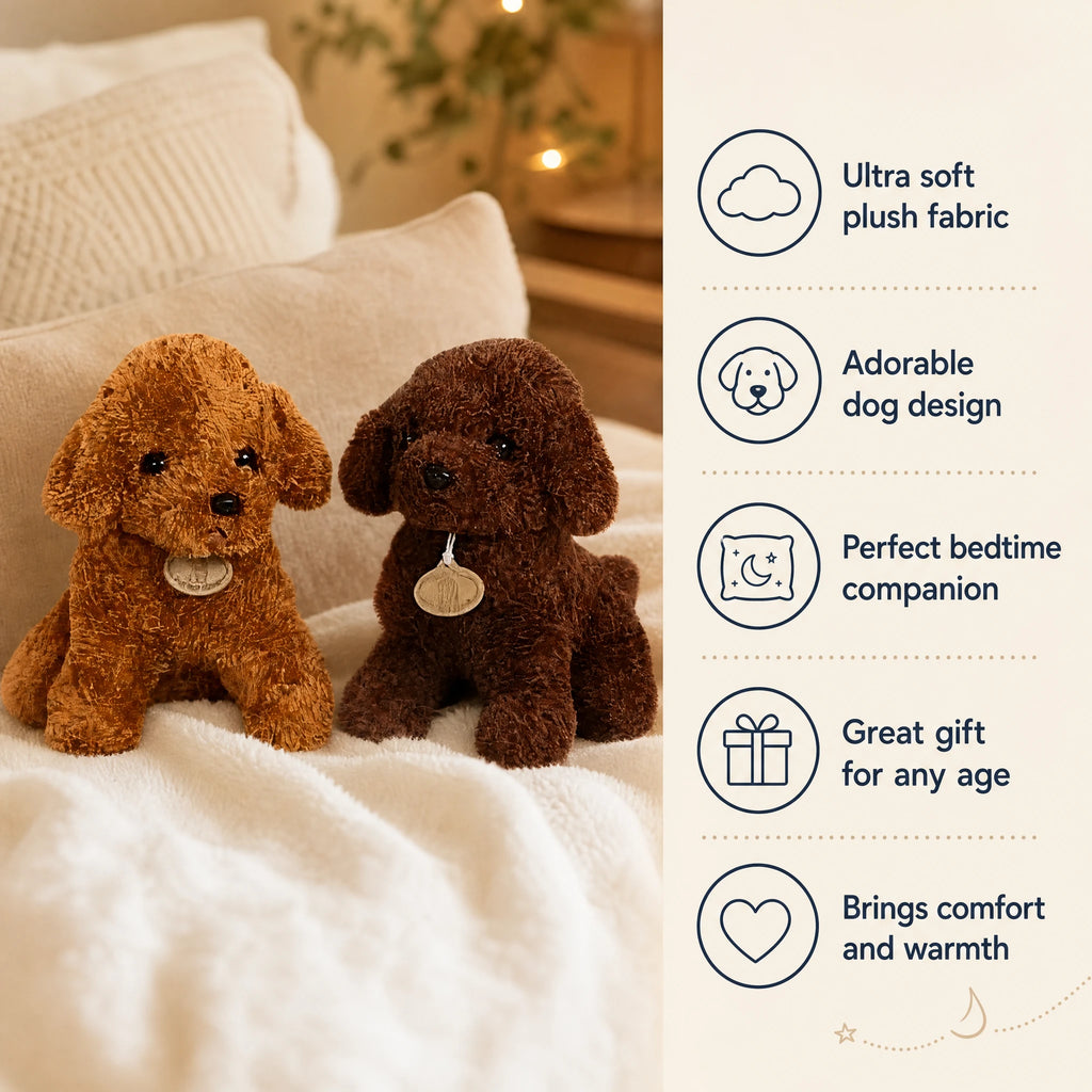 Poodle Plush Toy with Curly Soft Coat and Wooden Tag - Bénéfices produit
