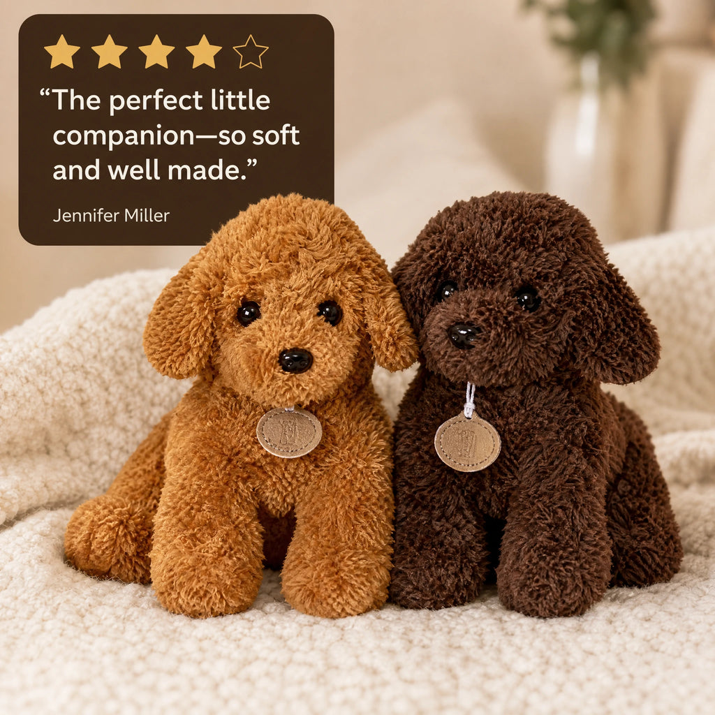 Poodle Plush Toy with Curly Soft Coat and Wooden Tag - Image témoignage