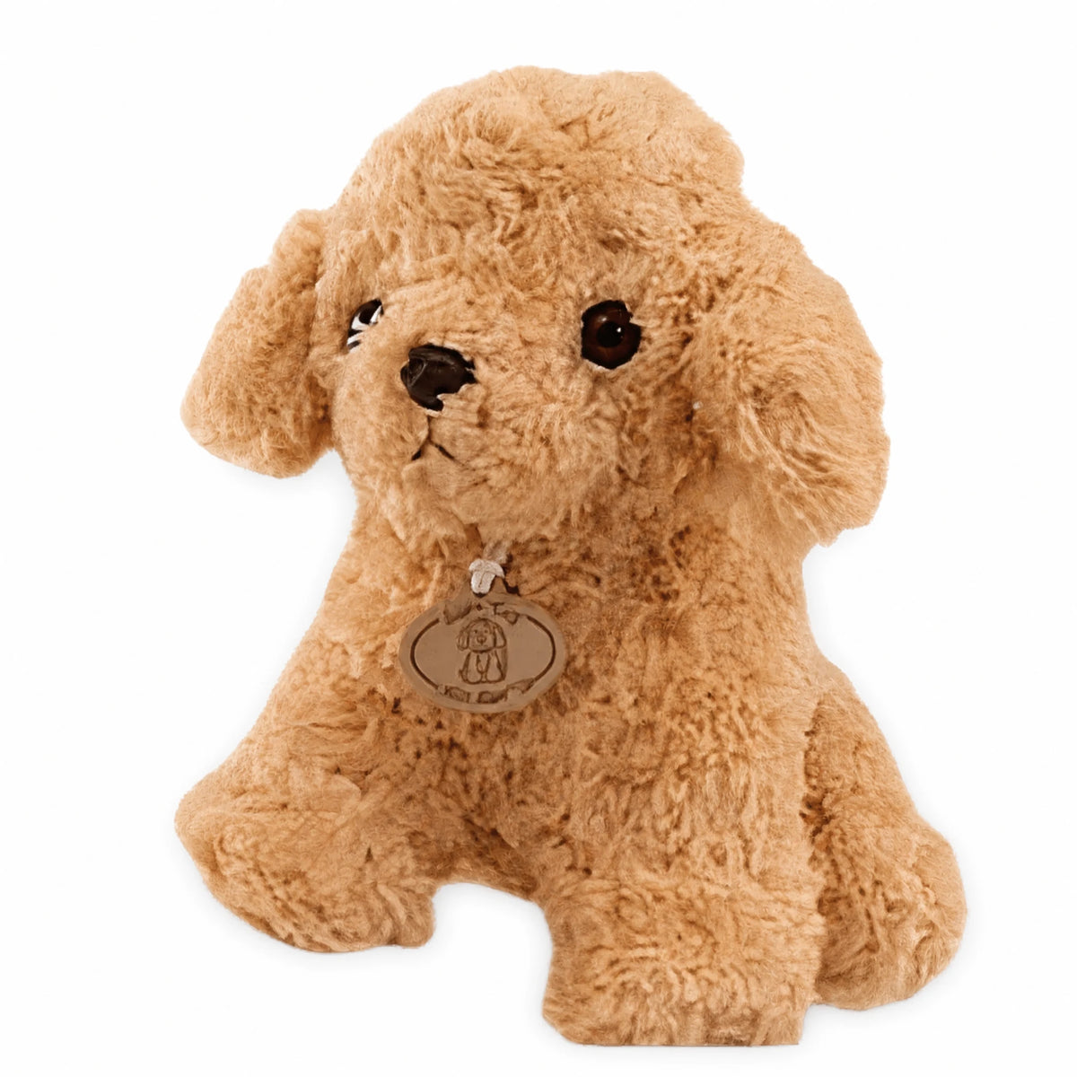 Poodle Plush with Curly Beige Fur and Sitting Pose - Fond blanc