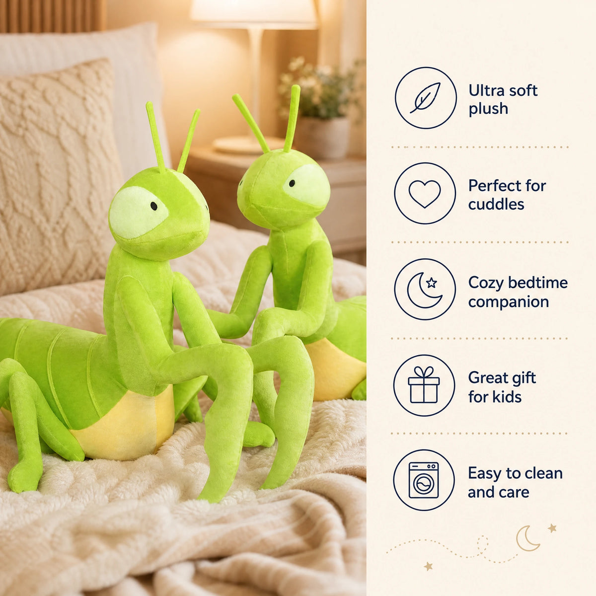 Praying Mantis Plush in Vibrant Green with Posable Limbs - Bénéfices produit