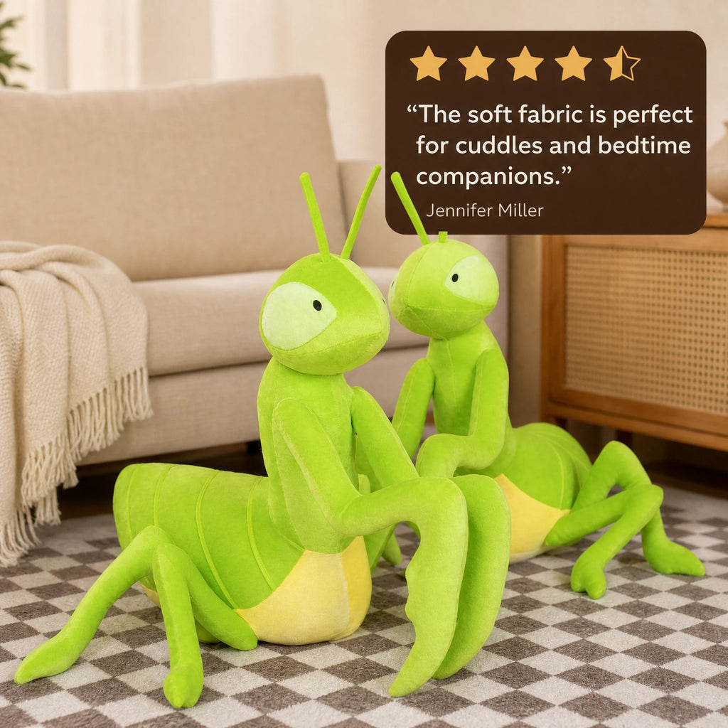 Praying Mantis Plush in Vibrant Green with Posable Limbs - Image témoignage