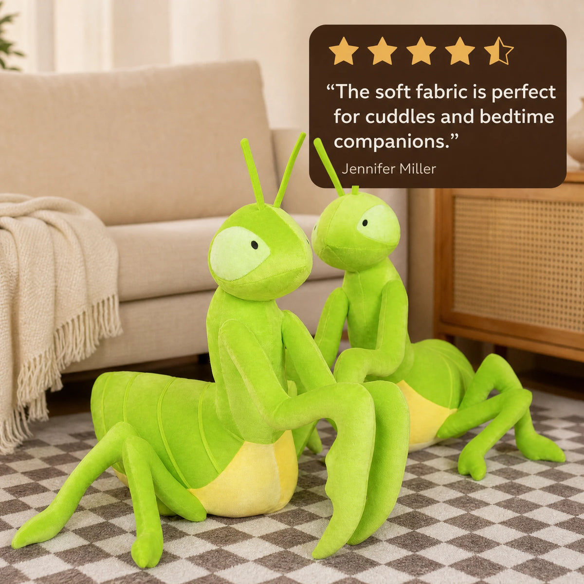 Praying Mantis Plush in Vibrant Green with Posable Limbs - Image témoignage