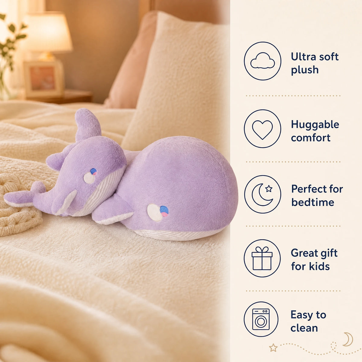 Purple Whale Plush - Pastel Soft Cuddly Toy - Bénéfices produit