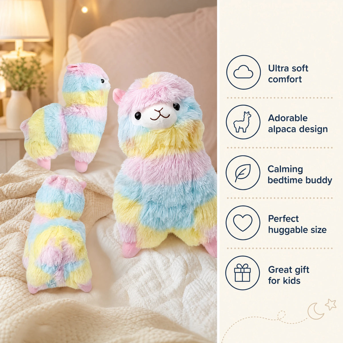 Rainbow Llama Plush with Pastel Striped Fur - Bénéfices produit