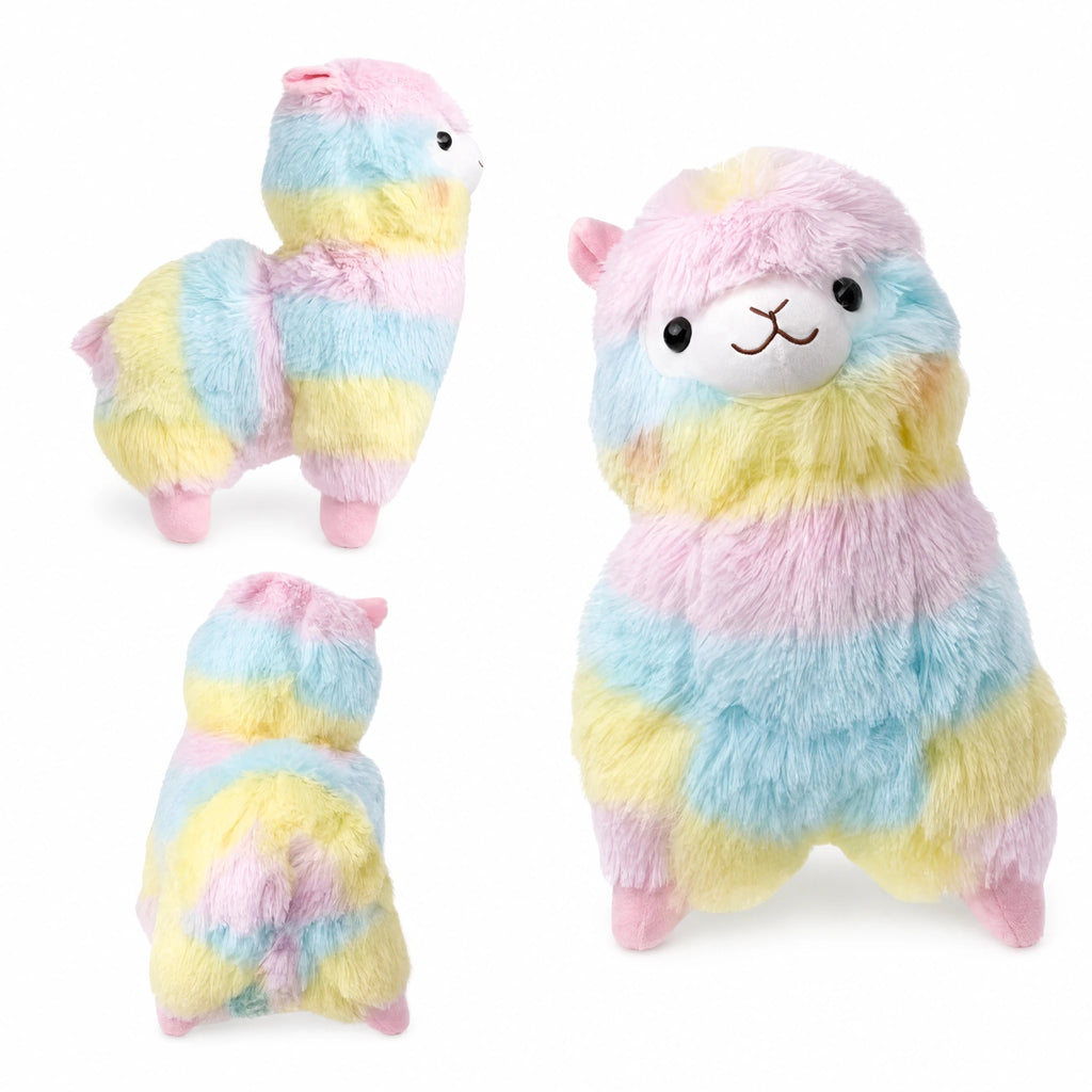 Rainbow Llama Plush with Pastel Striped Fur - Fond blanc
