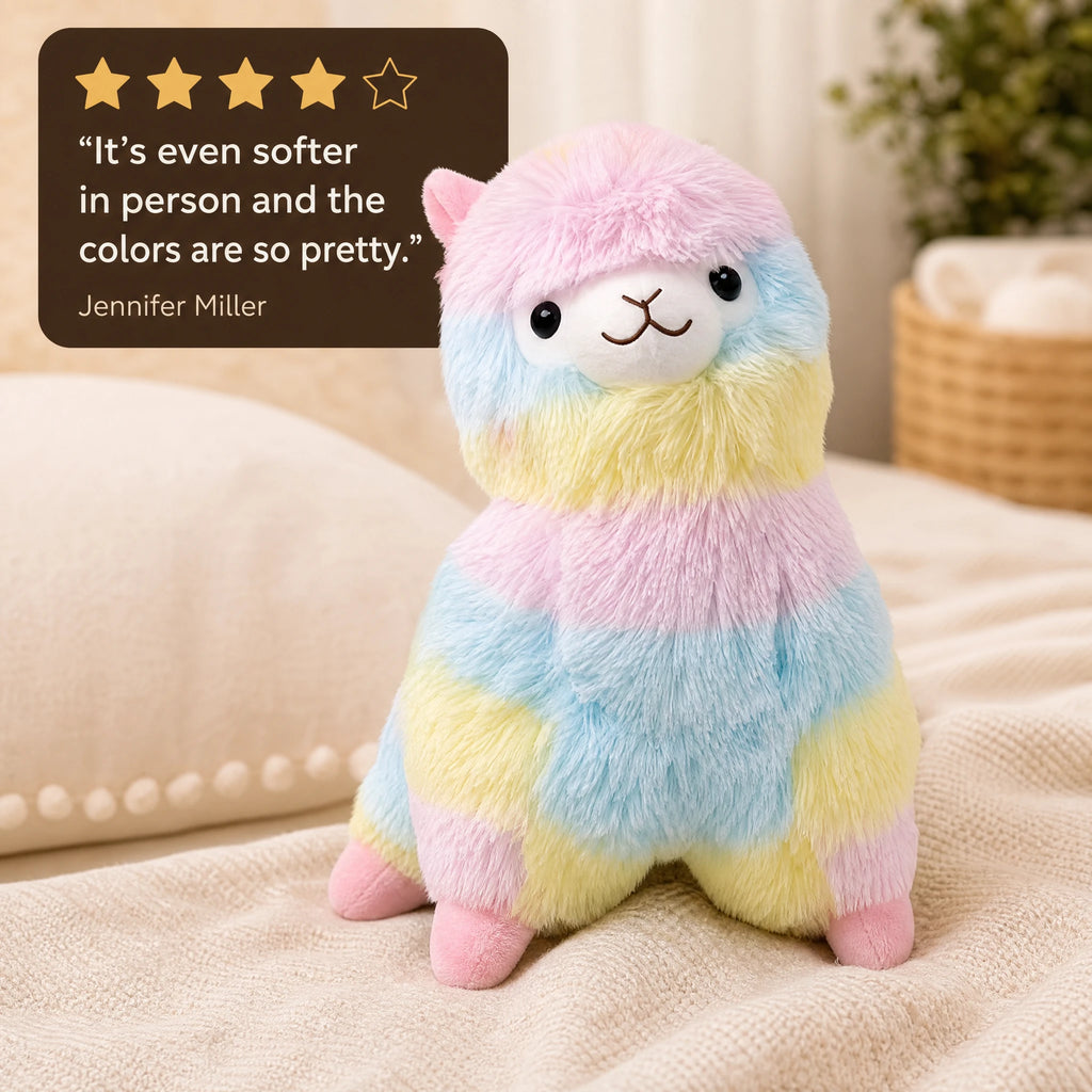 Rainbow Llama Plush with Pastel Striped Fur - Image témoignage
