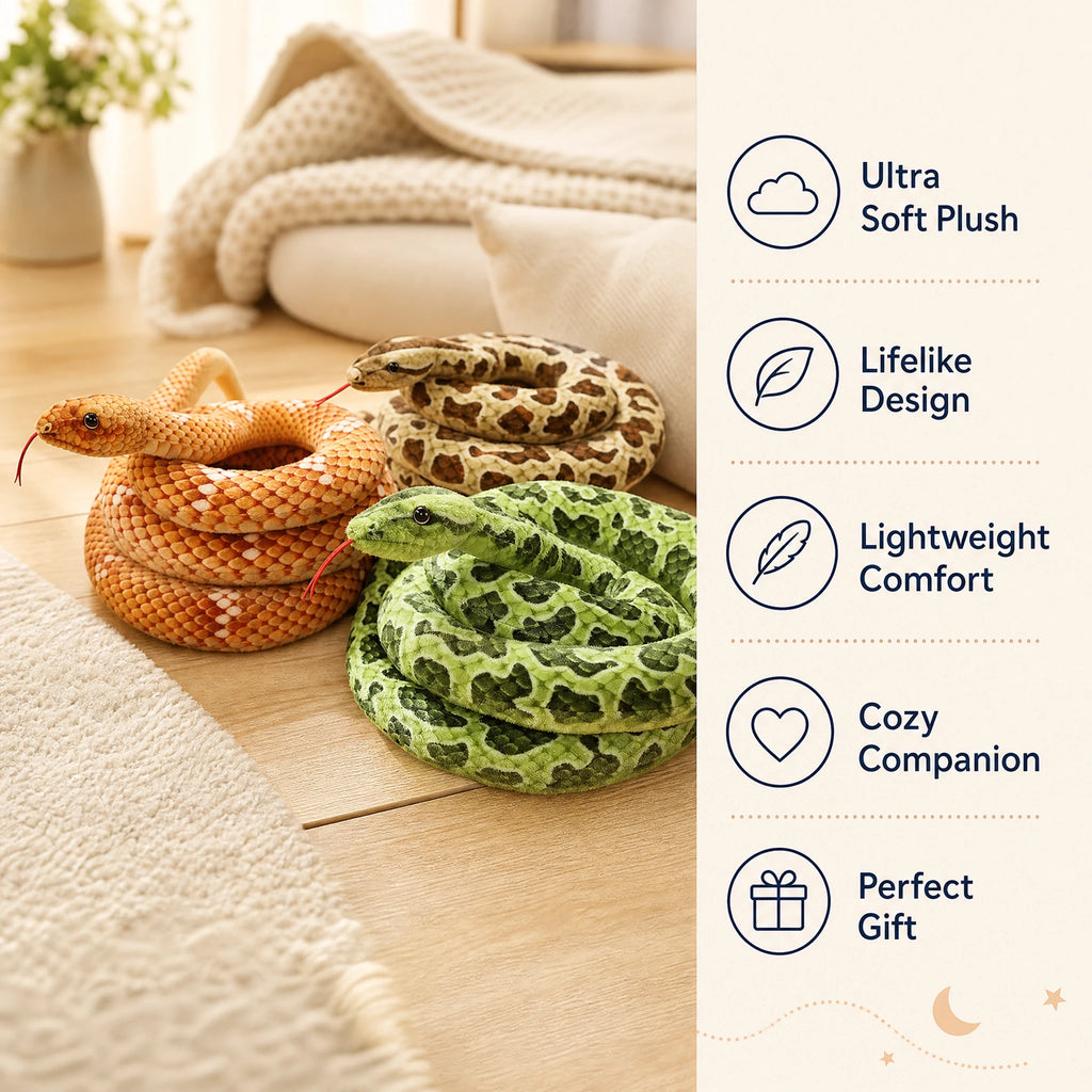 Realistic Snake Plush in Orange, Green and Brown Patterns - Bénéfices produit