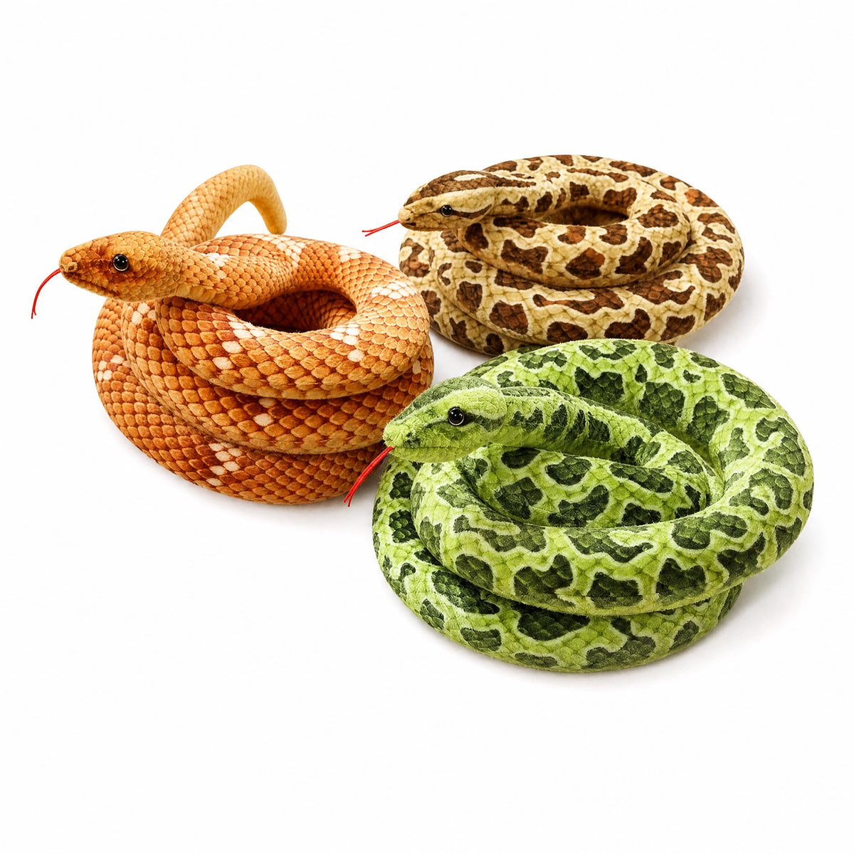 Realistic Snake Plush in Orange, Green and Brown Patterns - Fond blanc