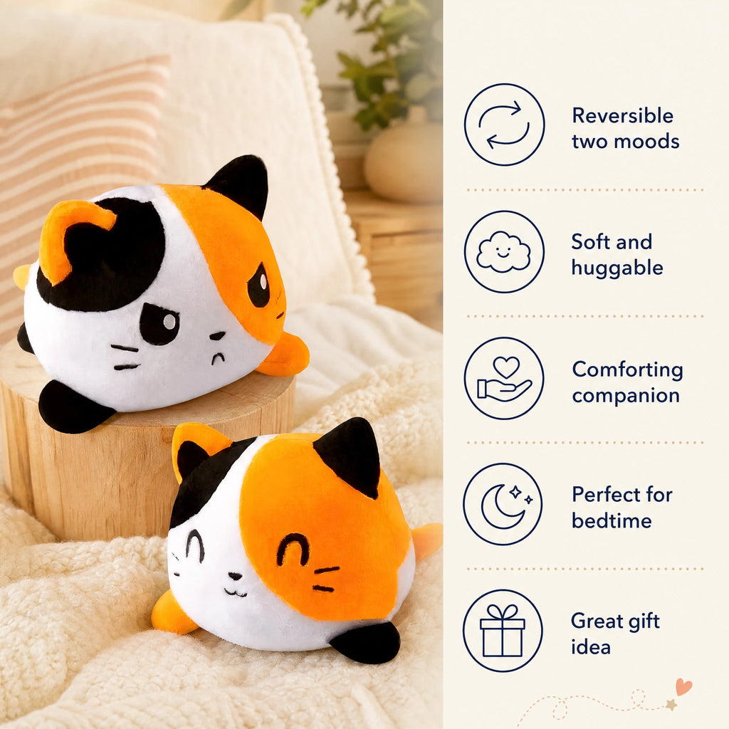 Reversible Cat Plush with Dual Mood Faces – Orange - Bénéfices produit