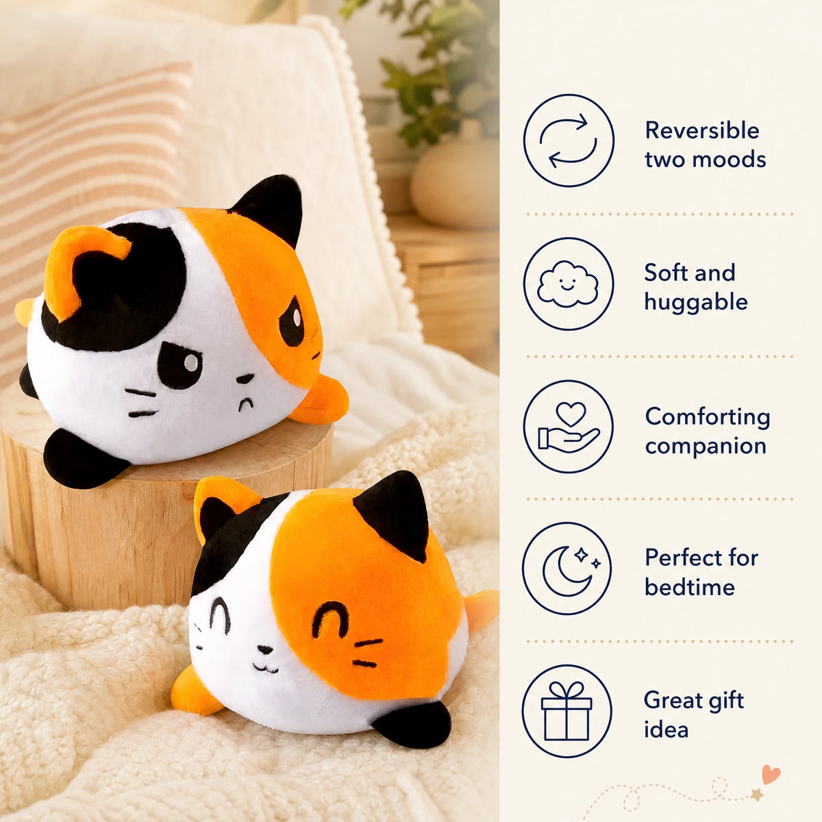 Reversible Cat Plush with Dual Mood Faces – Orange - Bénéfices produit