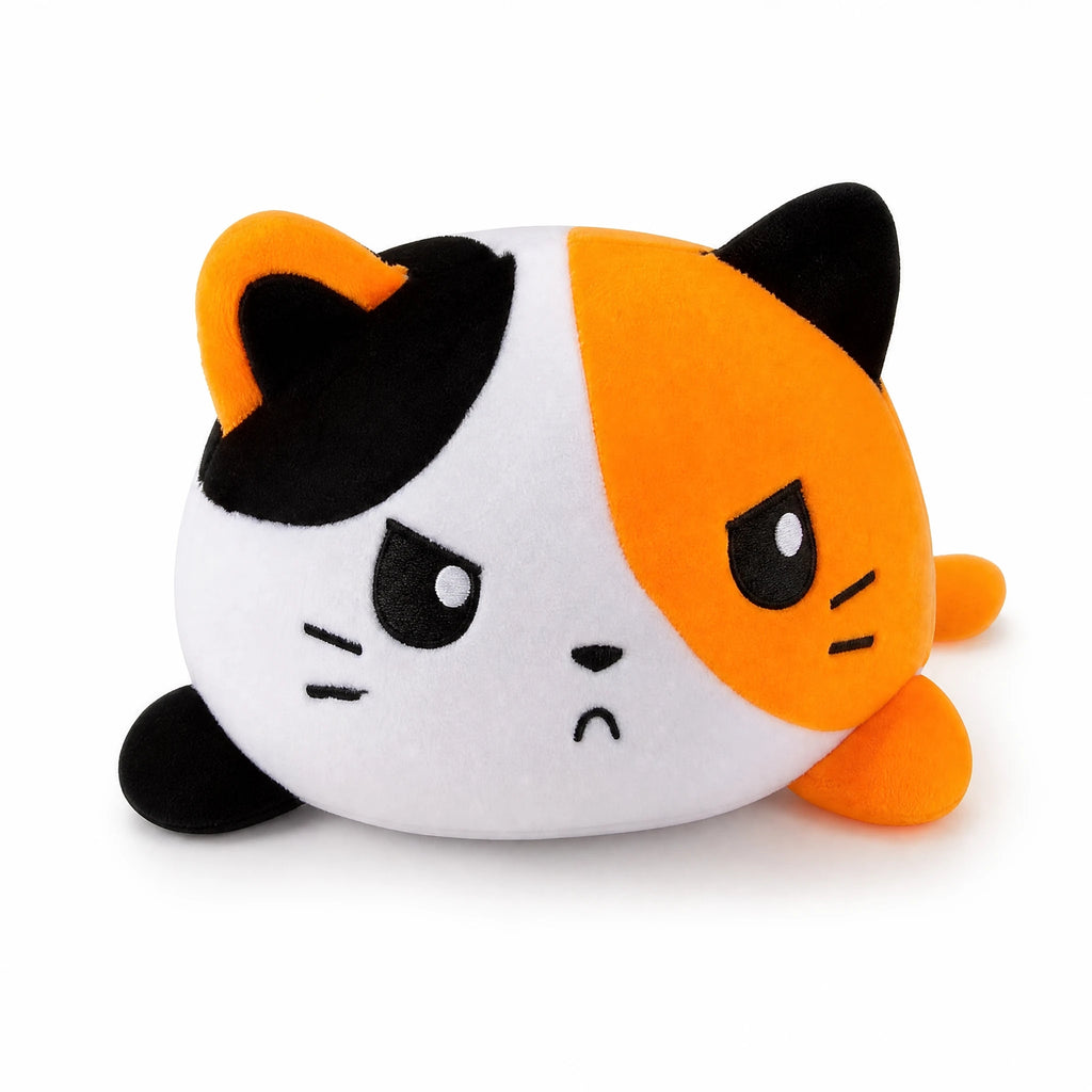 Reversible Cat Plush with Dual Mood Faces – Orange - Fond blanc