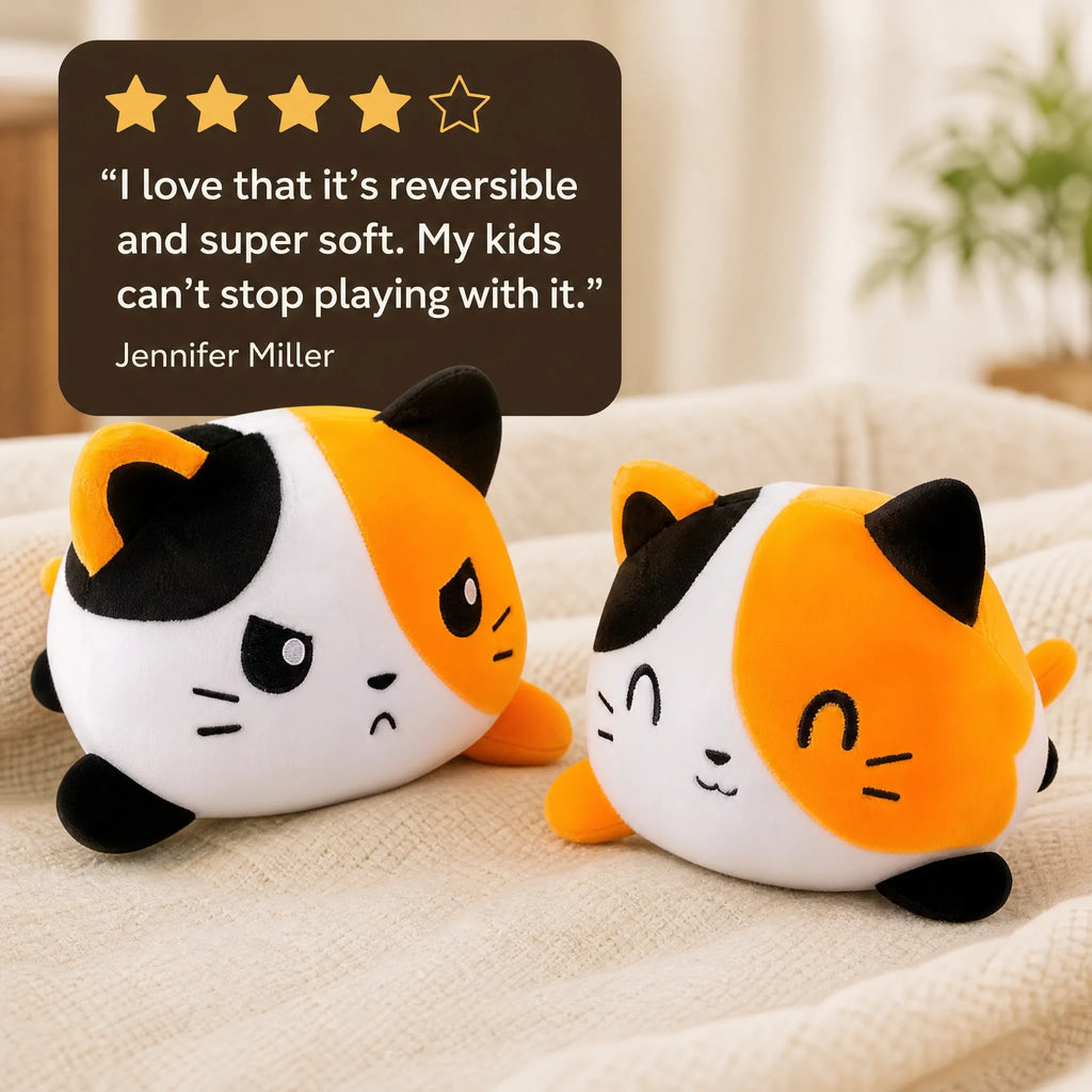 Reversible Cat Plush with Dual Mood Faces – Orange - Image témoignage