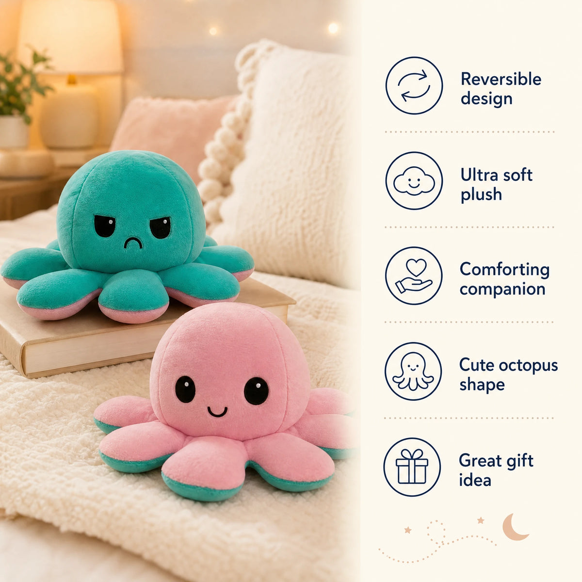 Reversible Octopus Plush with Dual Emotions - Mood Flip Toy - Bénéfices produit