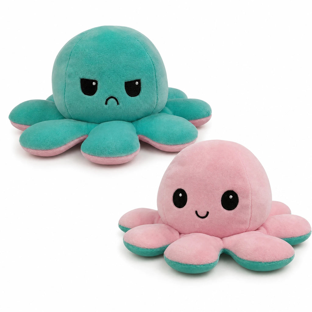 Reversible Octopus Plush with Dual Emotions - Mood Flip Toy - Fond blanc, autre angle