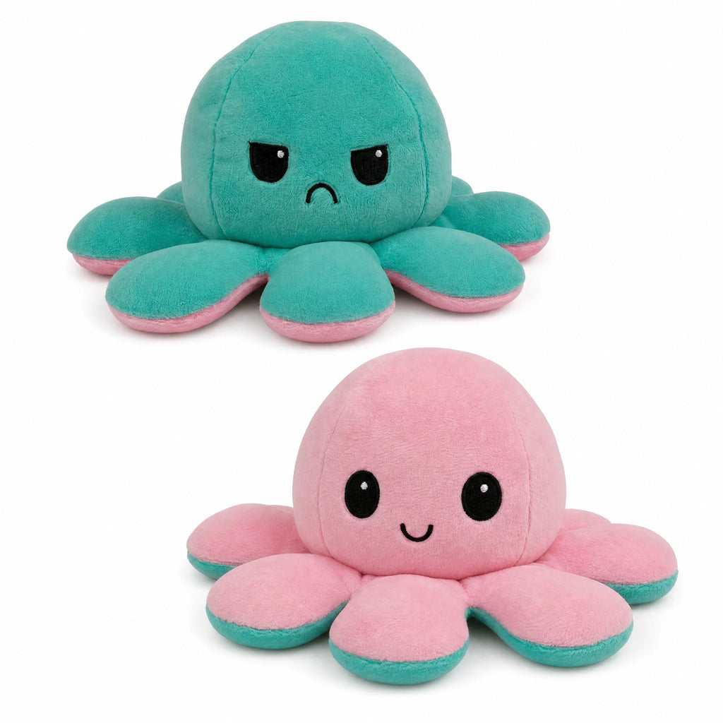 Reversible Octopus Plush with Dual Emotions - Mood Flip Toy - Fond blanc