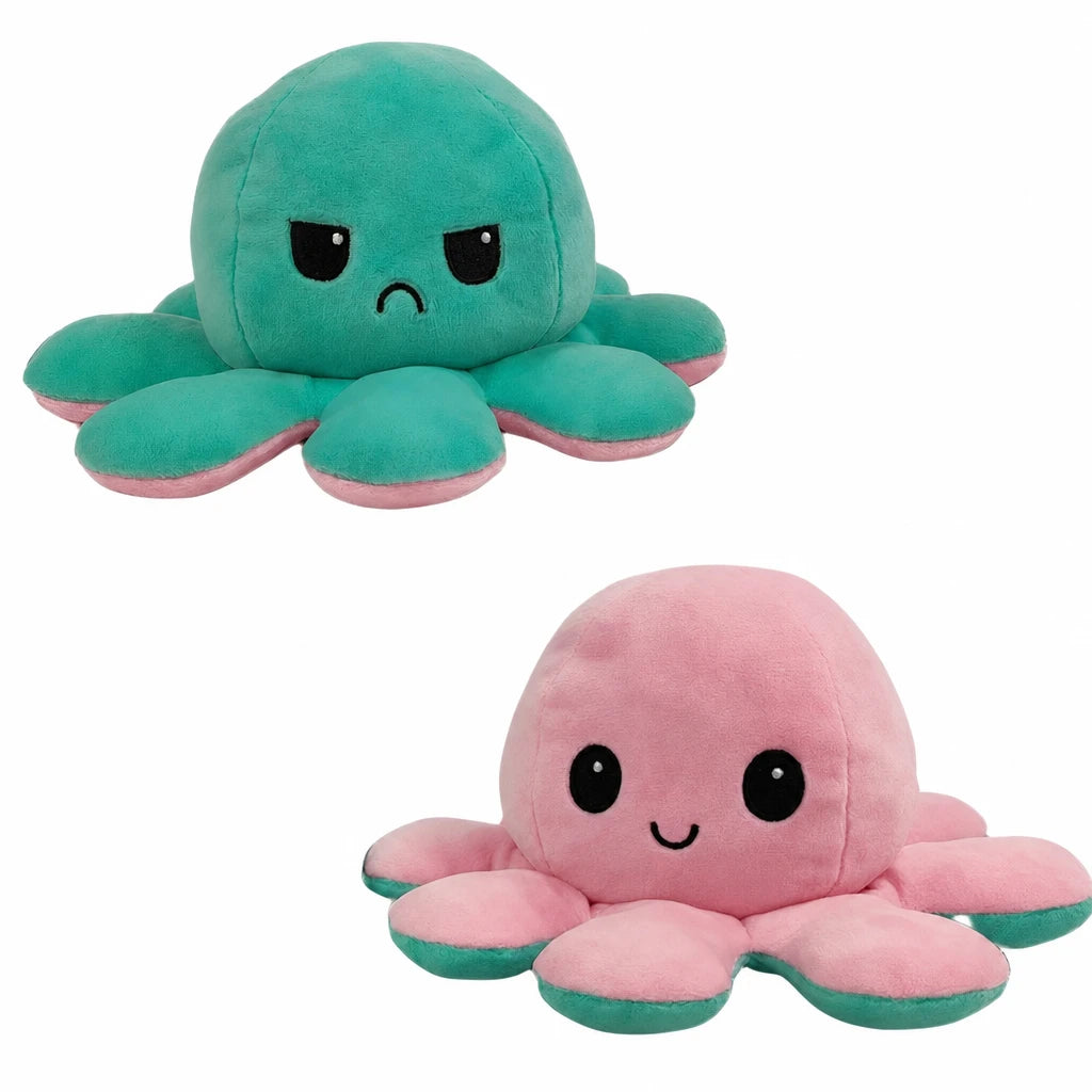 Reversible Octopus Plush with Dual Emotions - Mood Flip Toy - Gray