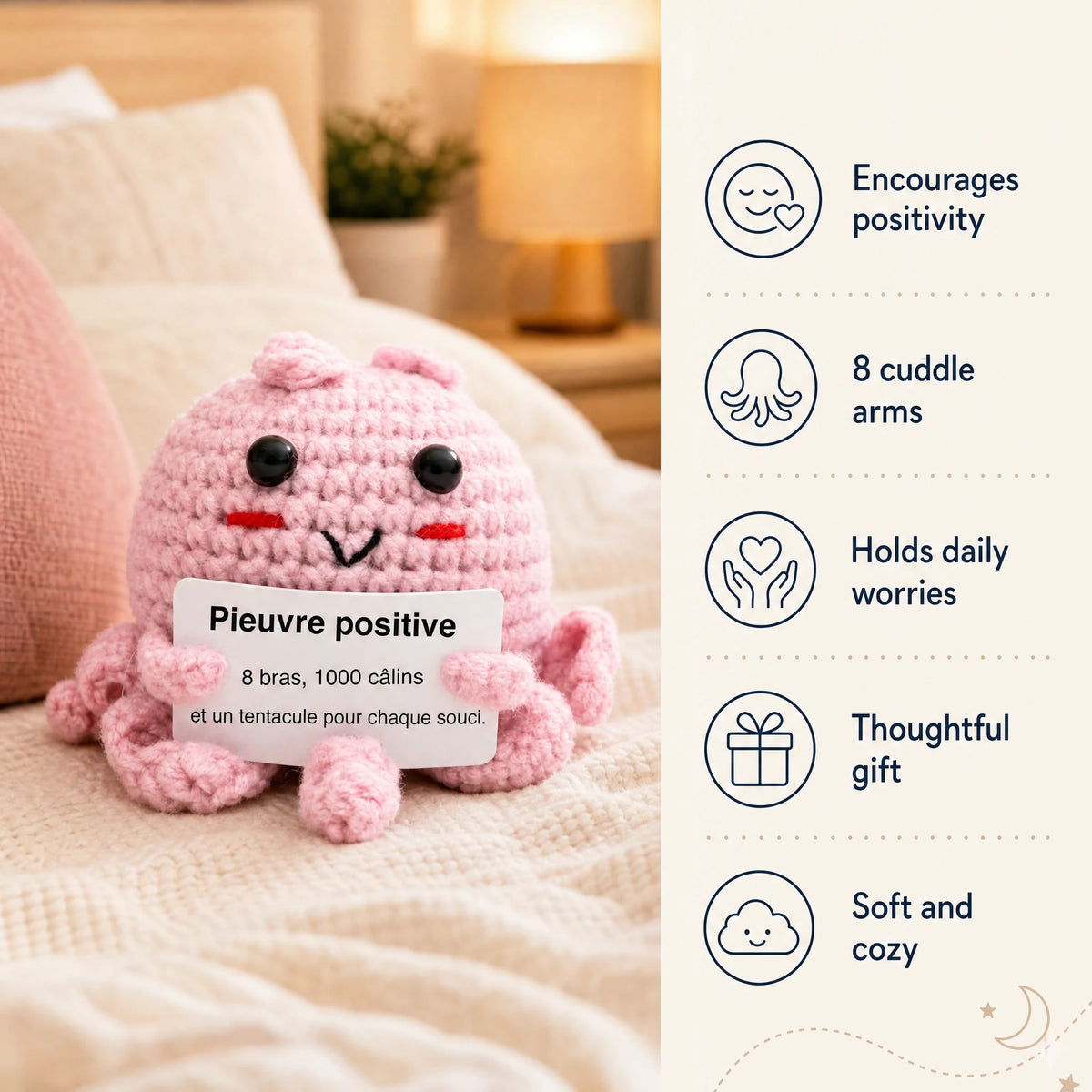 Reversible Octopus Plush with Positive Message - Bénéfices produit