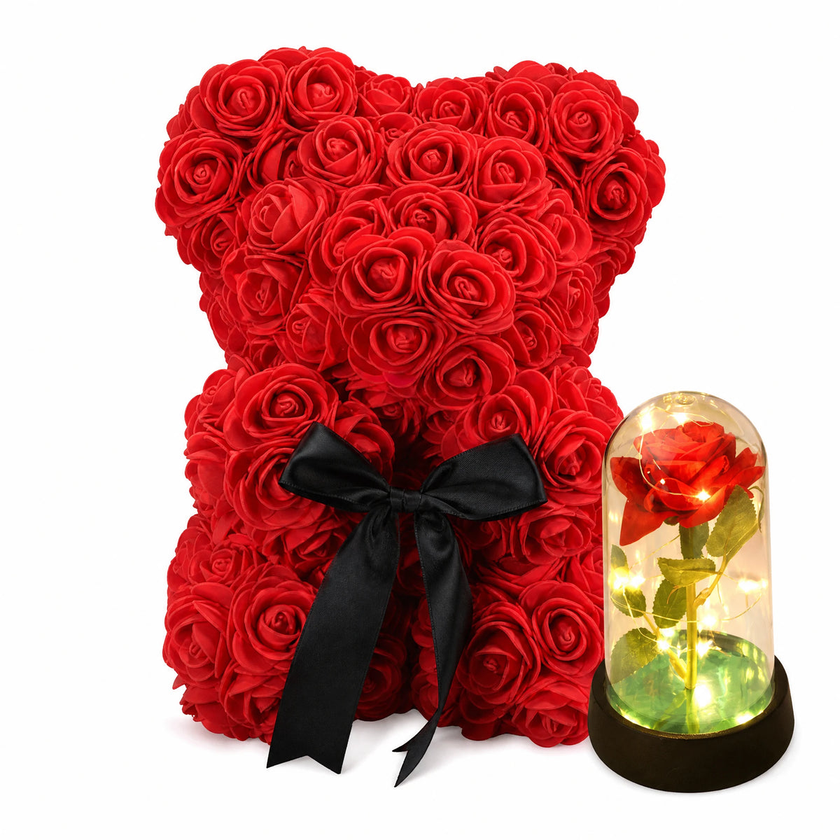 Rose Bear Gift Set with LED Flower Dome - Fond blanc